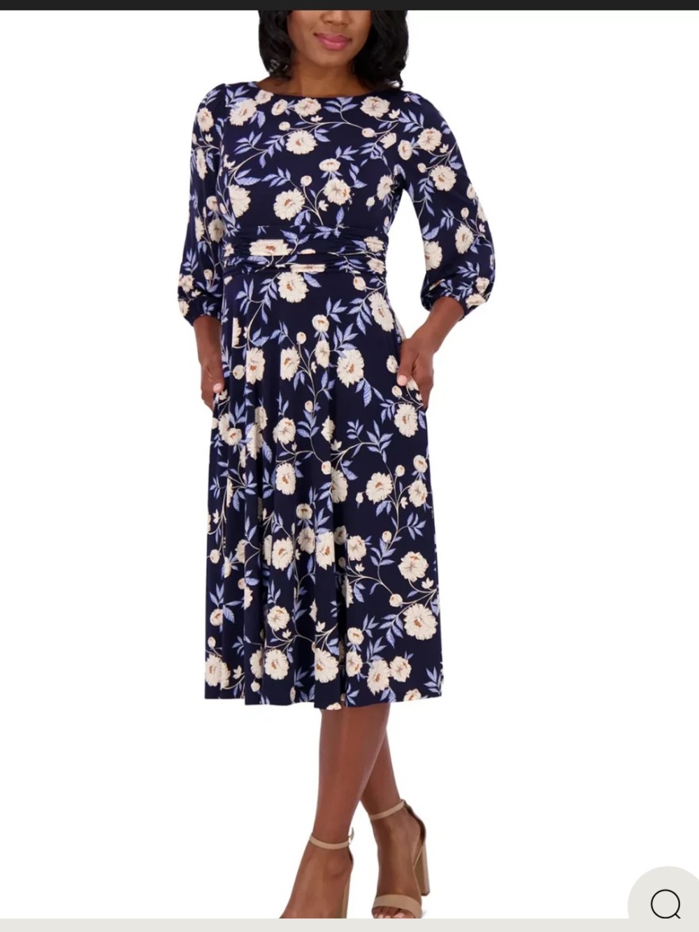 Floral Navy Midi Dress with Belt